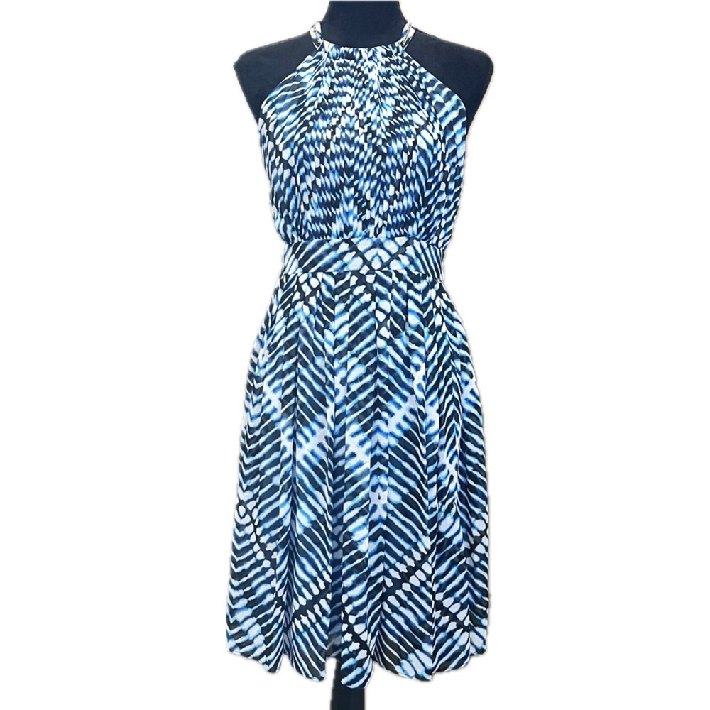 CALVIN KLEIN Sleeveless Halter Neck Blue Animal Print Pleated Chiffon Dress Sz M